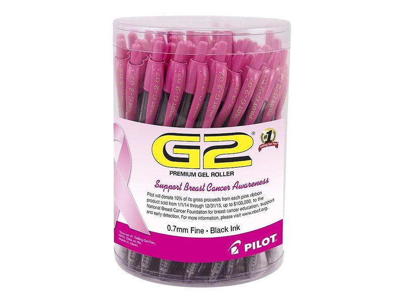 Pilot, G2 Pink Ribbon Premium Gel Roller Pens, Fine Point 0.7 mm, Pink & Black, Tub of 48